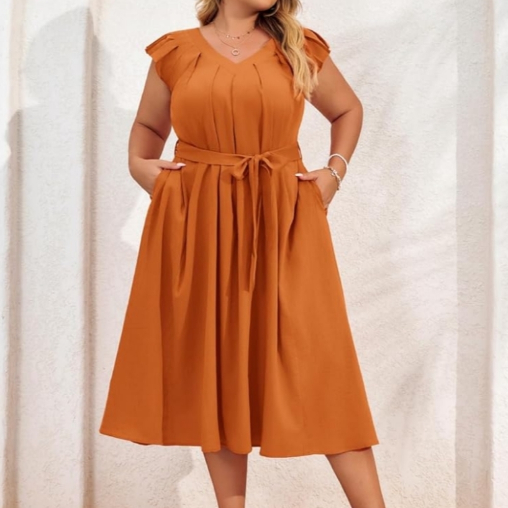 Glamorous Rust Midi Dress with Waist Tie